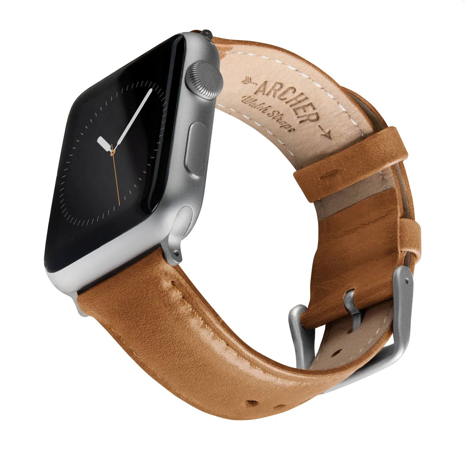 Apple Watch Leather Watch Band - Camel Tan/Matched/Silver Aluminum