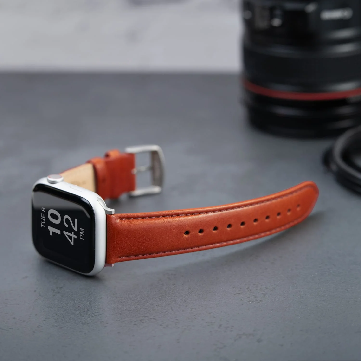 Apple Watch Leather Watch Band - Cognac/Matched/Silver Aluminum - Image 2