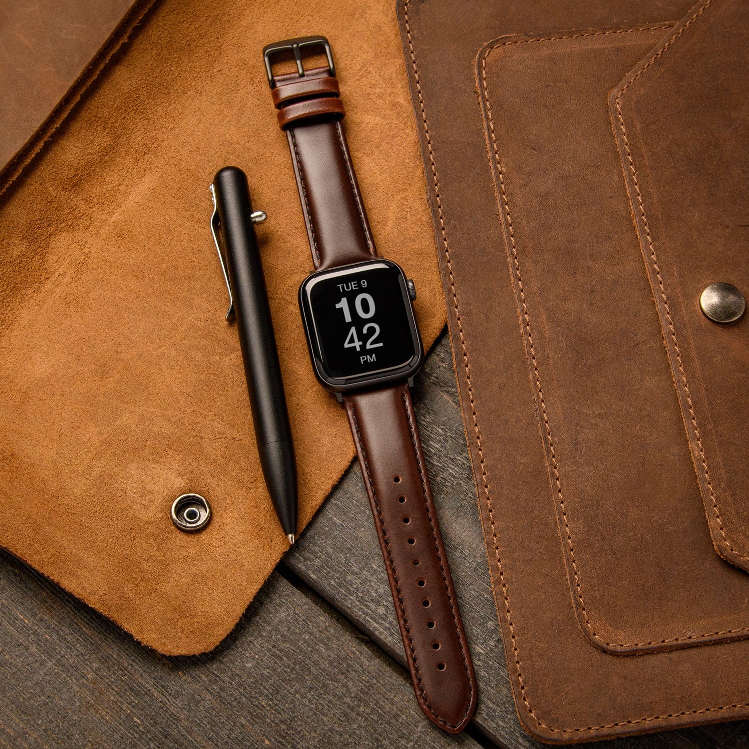 Apple Watch Leather Watch Band - Dark Chestnut/Matched/Space Gray - Image 2