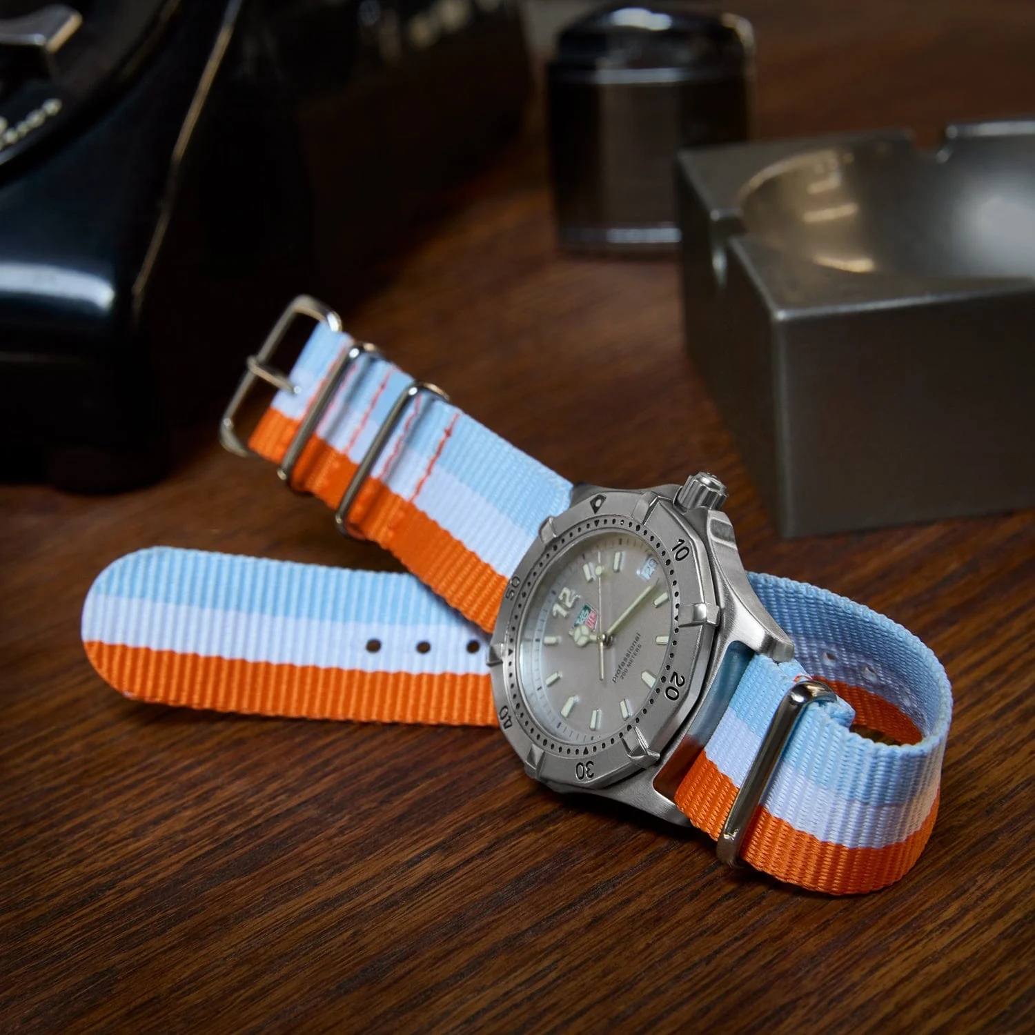 Classic Military Style Nylon Watch Band - Orange/White/Light Blue - Image 2