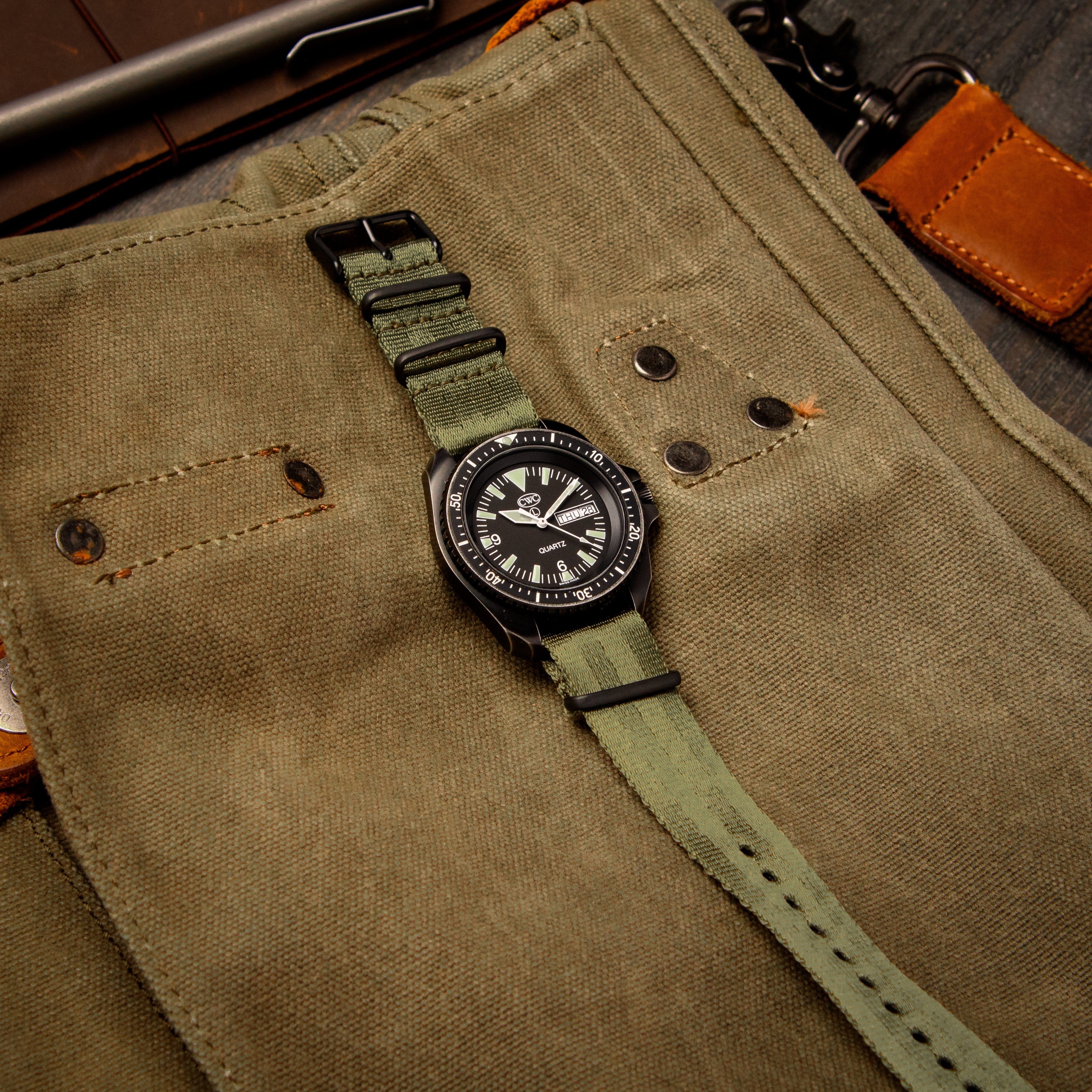 Seat Belt Nylon Military Style Watch Band - Olive, Black Hardware - Image 2